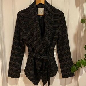 Jack Women's Brown Black Blazer 3%Wool Jacket Belted Pockets Wrap